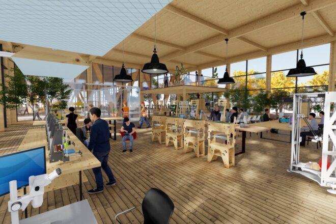 rendering of office with timber desks
