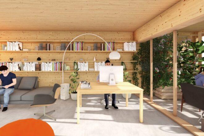 rendering of person working at desk in wood-lined apartment