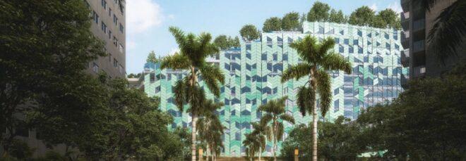 rendering of hospital with herringbone-patterned glass facade