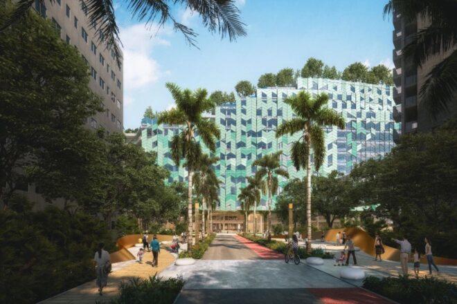 rendering of hospital with herringbone-patterned glass facade