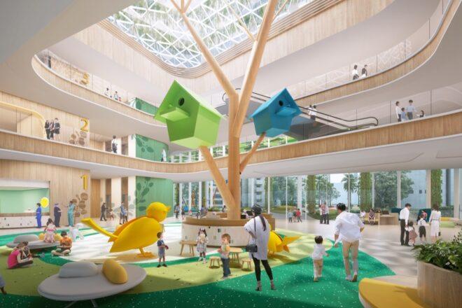 rendering of tree and bird sculptures in a play area in a hospital