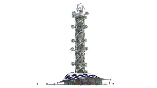 a rendering of the spiral tower against a white background.