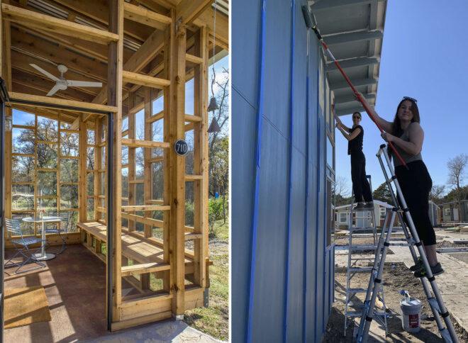 two images: to the left, an open door leads to a sitting area inside a home with walls made of wood and glass. to the right, two people on ladders painting a wall blue.