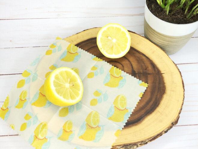 lemons on lemon-printed reusable wax wrap