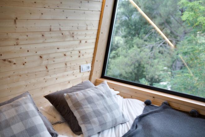 gray lofted bed