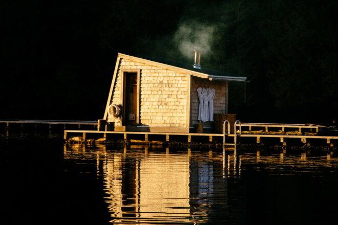 floating wood sauna with deck