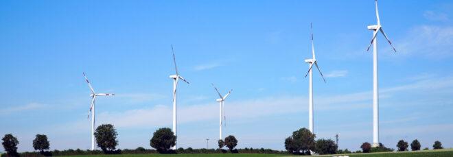 wind turbines in hilly landscape