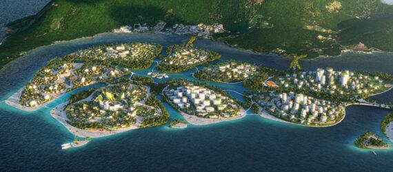 aerial rendering of futuristic buildings on several green islands