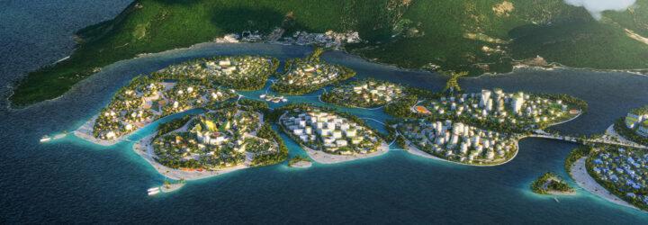 aerial rendering of futuristic buildings on several green islands
