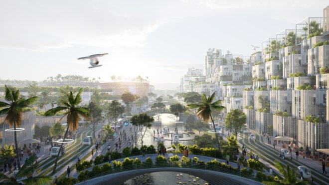 rendering of drone flying over plant-covered bridge in a city