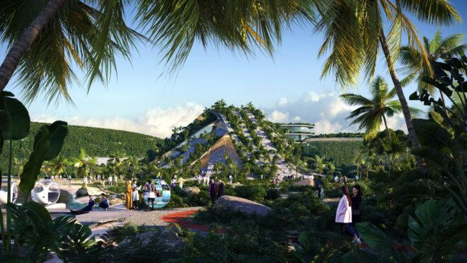 rendering of building with steeply pitched green roof
