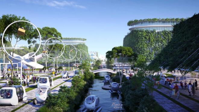 rendering of city with pod-like vehicles on water, small cars on a street, and streets for cyclists and pedestrians