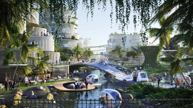 rendering of pod-like water vehicles and small cars in a futuristic city