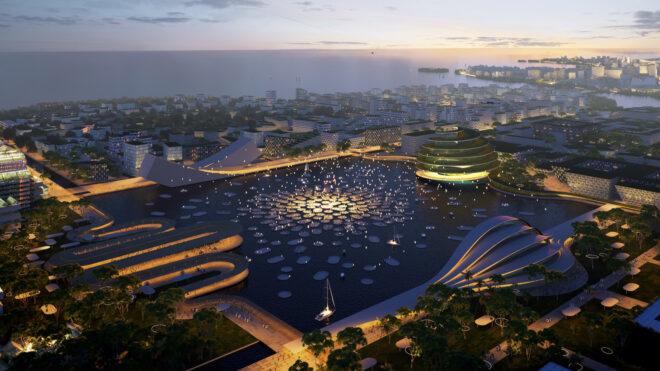 aerial rendering of large water plaza at night