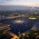 aerial rendering of large water plaza at night