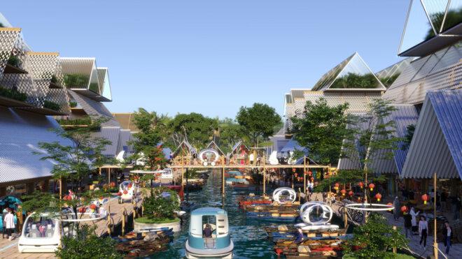 rendering of boats on canal near buildings with steeply pitched roofs