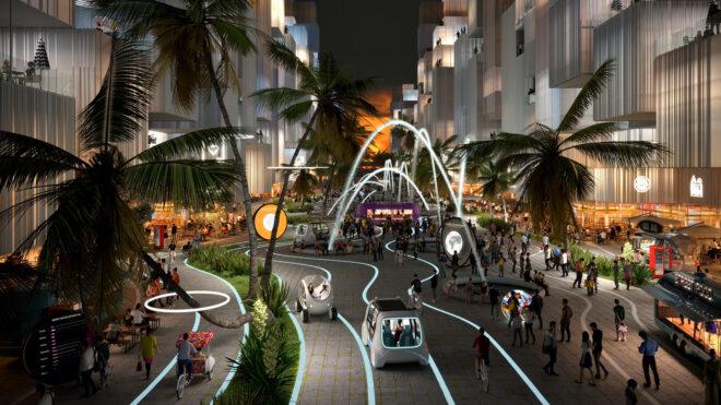 rendering of fountains and pathways in a city square at night