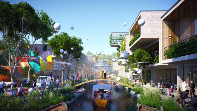 rendering of boat in a canal near colorful buildings