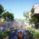 rendering of boat in a canal near colorful buildings