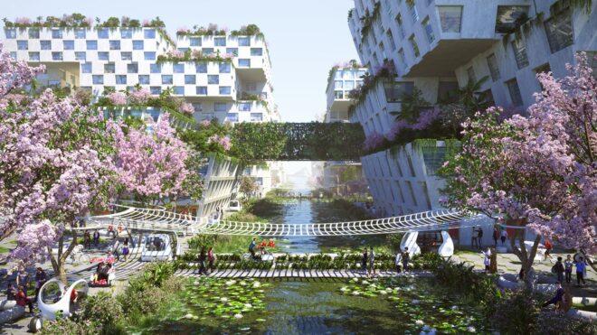 rendering of people crossing a small bridge over water