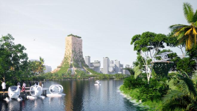 rendering of water vehicles with tall green buildings in the distance