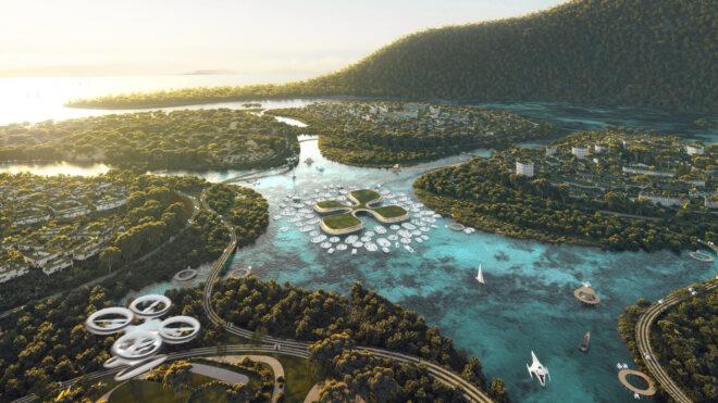 aerial rendering of green islands
