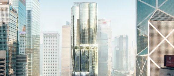The skyscraper among other city buildings.