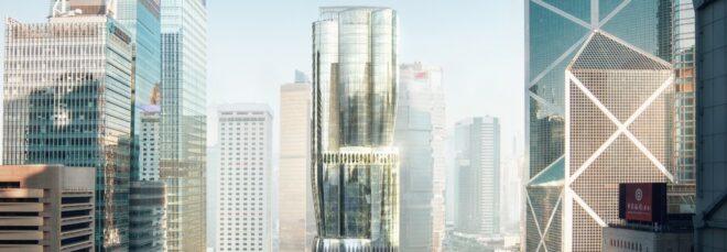The skyscraper among other city buildings.