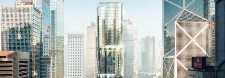 The skyscraper among other city buildings.