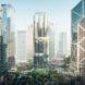 A rendering of a skyscraper with a curved glass exterior. Around it, boxy skyscrapers surround a green park and walkways.