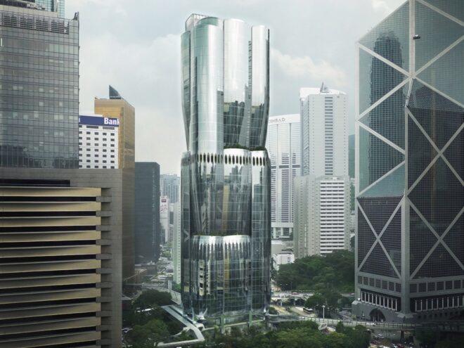 A side view of a rendering of a skyscraper with a curved glass exterior. Around it, boxy skyscrapers surround a green park and walkways.
