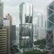 A side view of a rendering of a skyscraper with a curved glass exterior. Around it, boxy skyscrapers surround a green park and walkways.