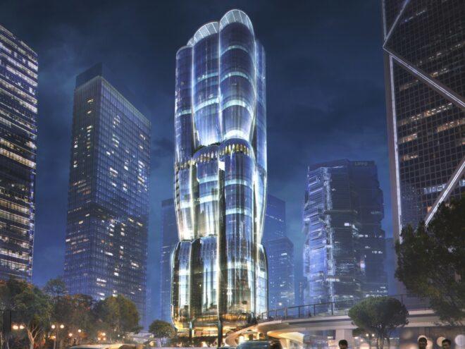 The skyscraper at night.