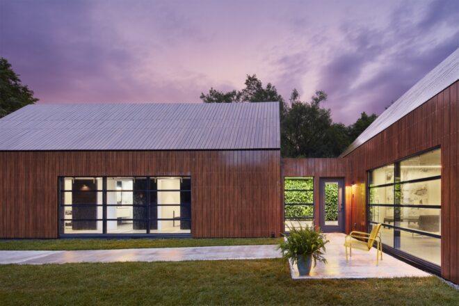 gabled buildings with wood cladding