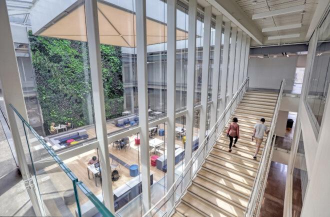 people walking up staircase near glass wall