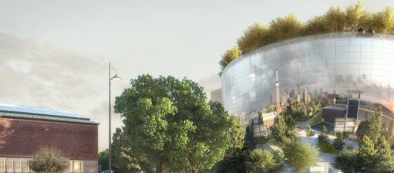 rendering of forest growing atop round, mirrored building
