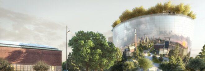 rendering of forest growing atop round, mirrored building