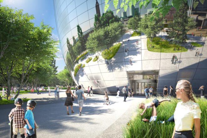 rendering of people walking toward bowl-shaped mirrored building