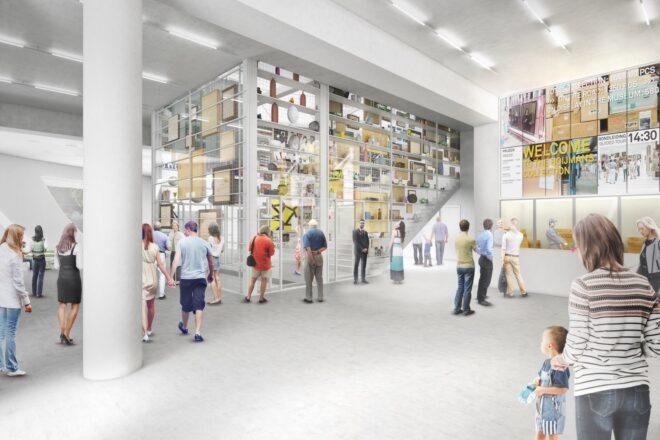 rendering of people looking at shelves full of artifacts