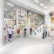 rendering of people looking at shelves full of artifacts