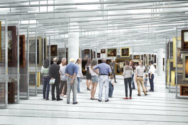 rendering of people looking at walls of stored art