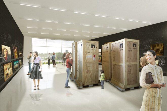 rendering of people looking at art in an art depot