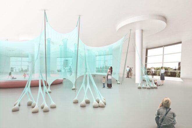 rendering of web-like material hung from ceiling in an art depot