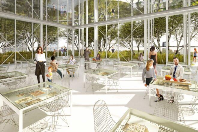 rendering of glass-enclosed restaurant surrounded by trees