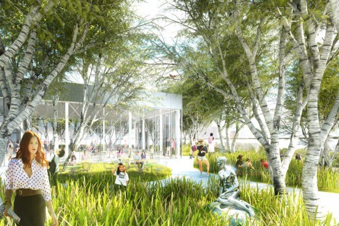 rendering of people walking on path surrounded by birch trees