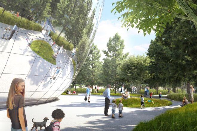 rendering of people walking around outside mirrored, round building