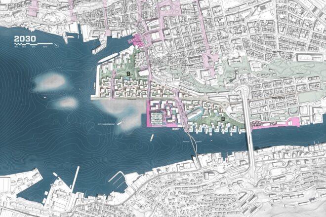map of a harbor in Bergen