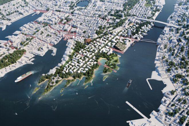 diagram of proposed new buildings near a harbor