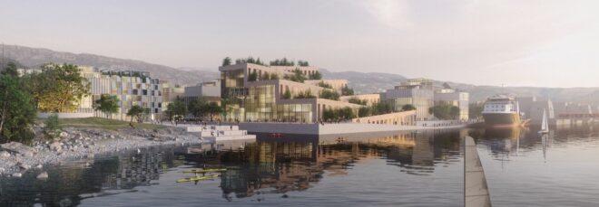 rendering of staggered wood building with green roofs near a harbor