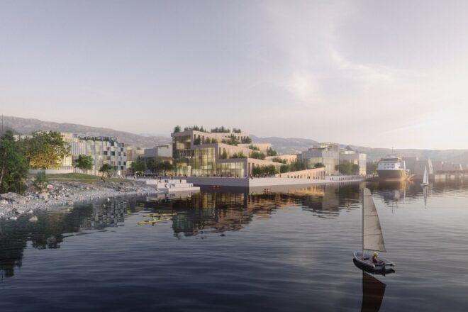 rendering of staggered wood building with green roofs near a harbor